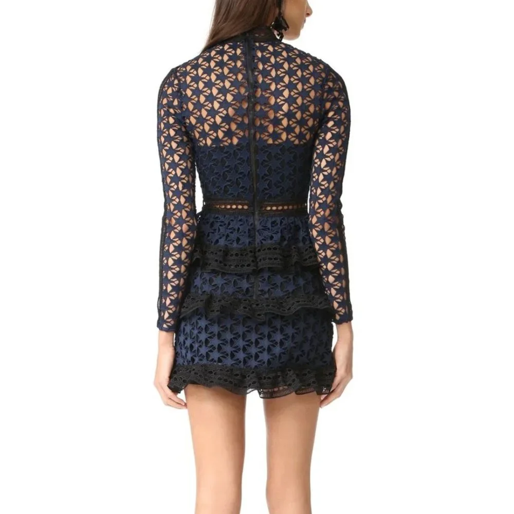 Self Portrait Blue Dress Black Lace Tiered Ruffle Mini Peplum 2